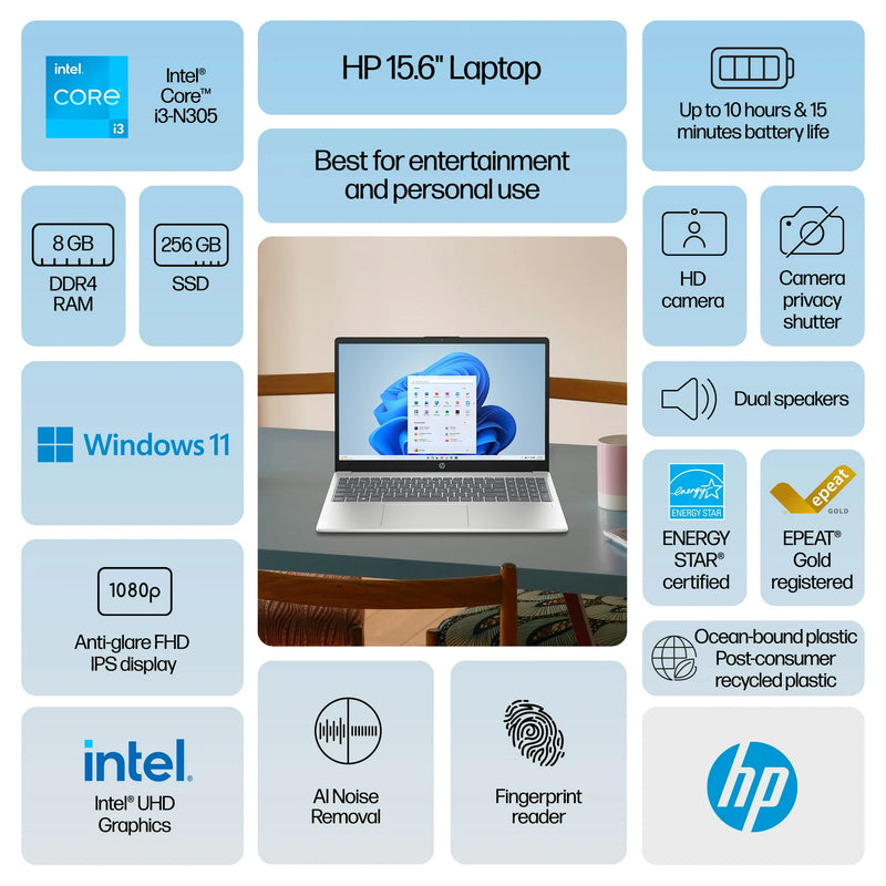 HP-15 15.6" Intel Core i3 Windows Laptop (8GB RAM 256GB SSD) - FD0132WM