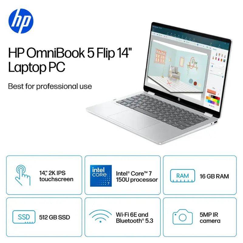 HP OmniBook 5 Flip 2-in-1 14" Intel Core 7 2K Touch-Screen Laptop (16GB RAM 512GB SSD) - FP0023DX