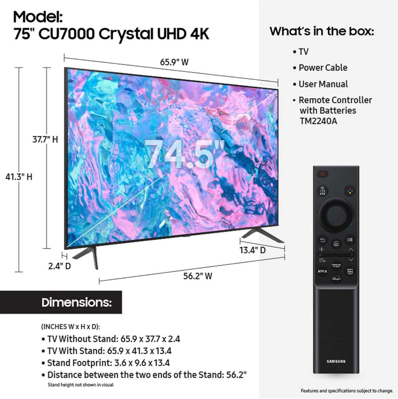 SAMSUNG 75-inch Class Crystal 4K UHD TV - UN75CU7000