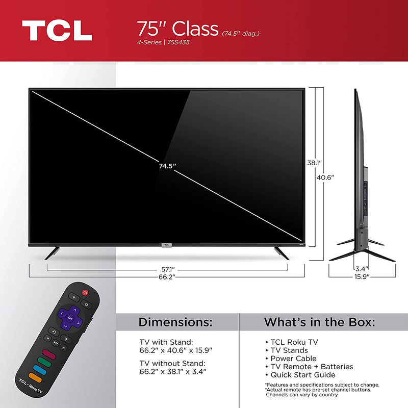 TCL 75” Class 4 Series 4K UHD Smart Roku TV - 75S435 SAMTRONIX