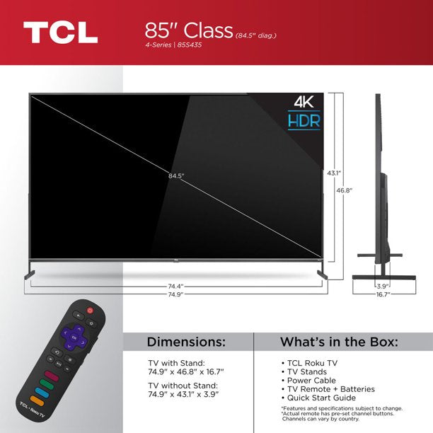 TCL 85" Class 4-Series 4K UHD HDR Smart Roku TV - 85S435 SAMTRONIX